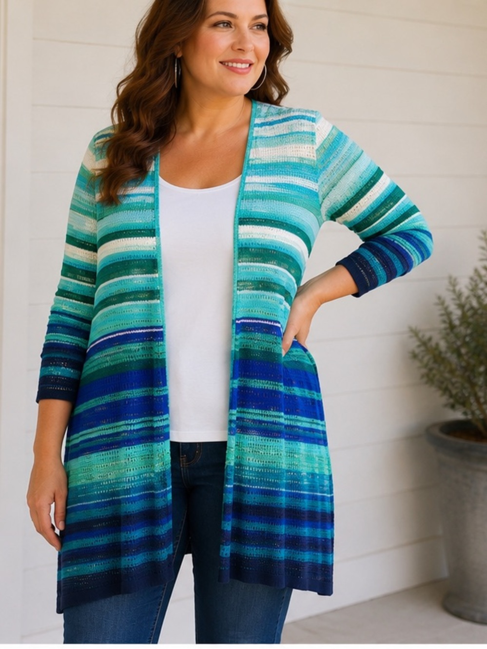 NWT Catherines 2X Open Front Cardigan Blue Green Striped Lightweight